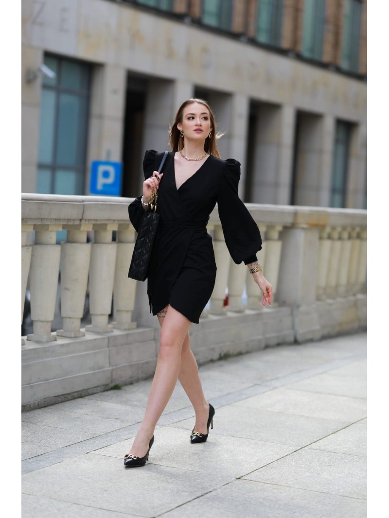 Envelope dress with puffy sleeves, black FI701 - Online store - Boutique